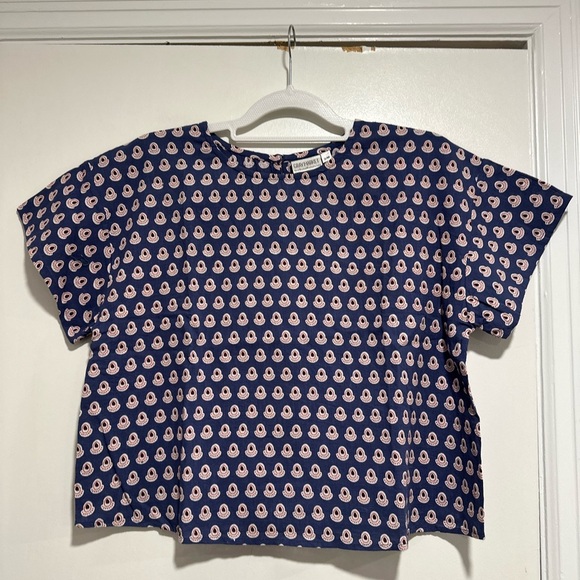 Womens S/M Cotton Boxy Lightweight blue/ red Repeat Oval Abstract Pattern Blouse - Picture 7 of 15